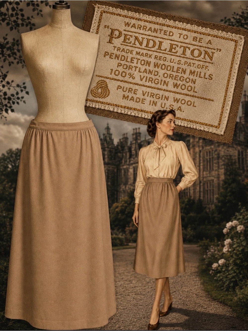 VINTAGE Pendleton wool skirt midi straight pencil classic camel beige 80s 90s